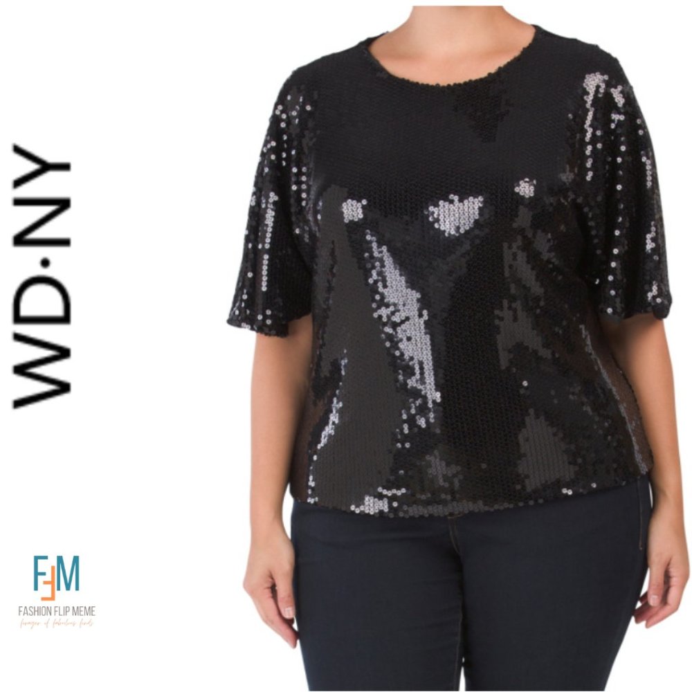 New! WDNY Black Allover Sequin Short Flutter Sleeve Round Neck Top 3X